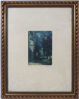 l'image d'une peinture représentant une scène de rue avec un bâtiment en arrière-plan