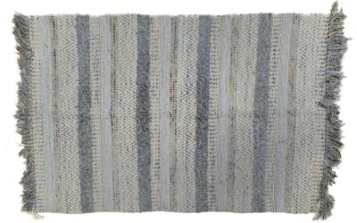 a close up of a blue and white rug with fringes