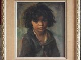 painting of a young boy with curly hair in a gold frame
