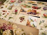 many cards laid out on a table with flowers on them