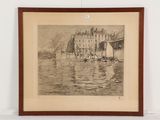 dessin représentant un bateau sur un plan d'eau, avec des bâtiments en arrière-plan