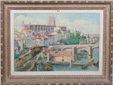 painting of a view of a city with a bridge over a river