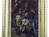 an oil painting of flowers in a vase on a table