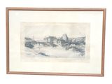 painting of a city scene with a bridge over a body of water
