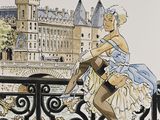 un tableau représentant une femme assise sur une clôture