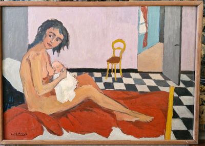 un tableau représentant une femme assise sur un lit, tenant un bébé dans ses bras