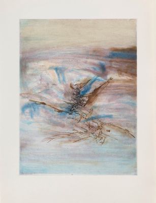 an image of a painting of a bird flying over a body of water