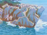 an oil painting of a rock formation in the ocean with a tree in the background