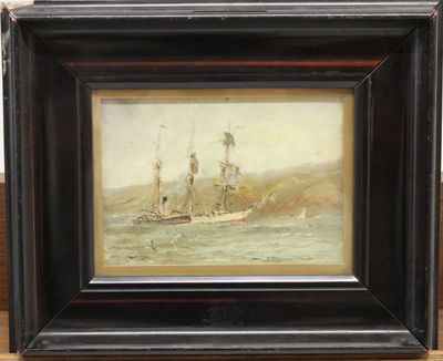 an oil painting of a boat in a body of water