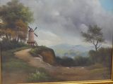 an oil painting of a windmill on a hill with trees in the background