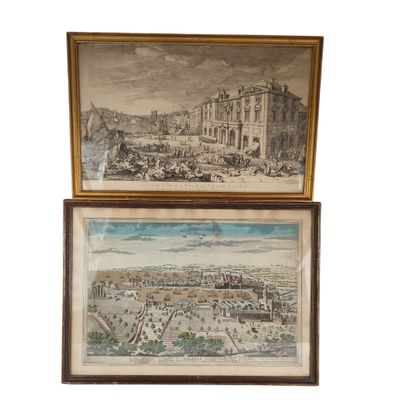 two framed pictures of a view of a city and a picture of a town