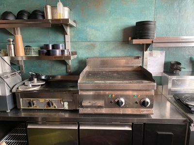 an image of a commercial kitchen with stainless steel appliances