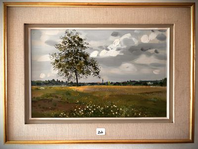 painting of a lone tree in a field with a cloudy sky in the background
