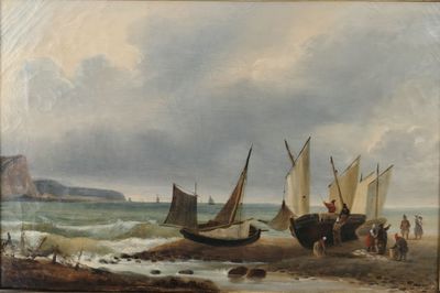 a painting of boats on the beach by the water