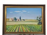 a painting of a farm with a barn in the distance