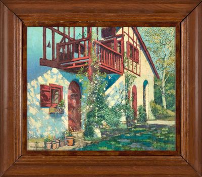 une peinture à l'huile représentant une maison avec un balcon et un balcon