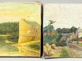 deux tableaux représentant un paysage rural avec une rivière et une maison