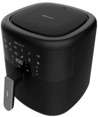 une image représentant une friteuse à air chaud noire sur fond blanc