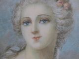 portrait of a woman in a blue dress holding a pipe