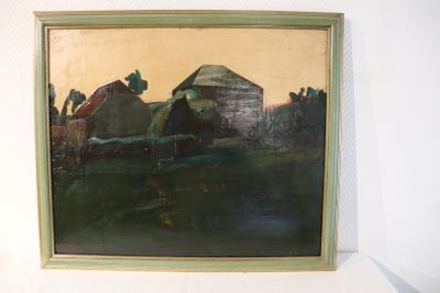 an oil painting of a farm scene with a barn in the background