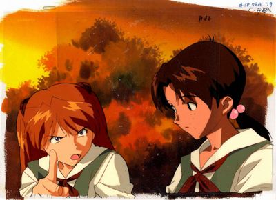Deux héroïnes d'anime se regardent fixement devant un coucher de soleil
