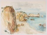 une aquarelle représentant une plage avec des rochers et de l'eau