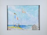 un tableau représentant deux personnes debout sur la plage avec des drapeaux