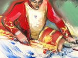 an oil painting of a man in a red robe playing a drum