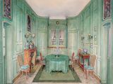 painting of a dining room with green walls and a table with a green table cloth