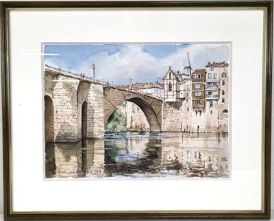 framed watercolor painting of a bridge over a river with buildings in the background