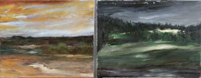 trois tableaux représentant des arbres de différentes couleurs et tailles dans un champ