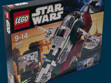 une boîte contenant des sets Lego Star Wars sur fond bleu