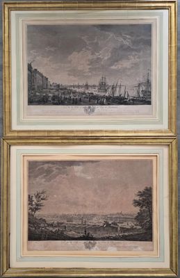 deux reproductions encadrées représentant une vue de Londres et une vue de la Tamise