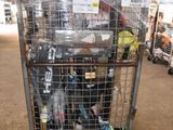 a cart with many items inside of it in a warehouse