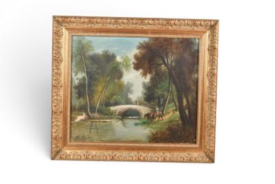 une peinture à l'huile représentant un pont enjambant une rivière, entouré d'arbres