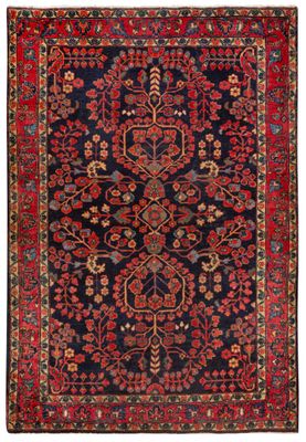 an antique persian rug with red and blue colors