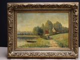 une peinture à l'huile représentant un bateau sur une rivière, avec une maison en arrière-plan