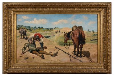an oil painting of a man laying on the ground next to a horse and another man laying on the ground