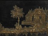 une photo d'un tableau représentant une maison sur une colline