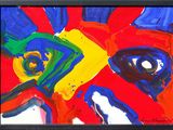 abstract painting of a red, yellow, blue, and green flower