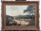 an oil painting of a dirt road with trees and a house in the distance
