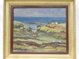 an oil painting of a landscape with a body of water in the distance