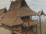 a painting of a pig in front of a thatched house