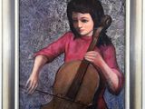painting of a girl playing a cello on a blue background