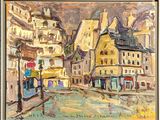an oil painting of a street scene with buildings and a bridge