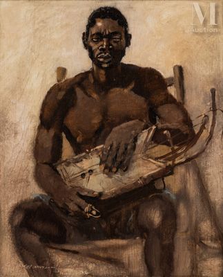 painting of a man sitting on a chair holding a musical instrument