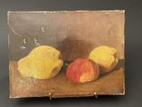 a painting of two lemons and an apple on a table