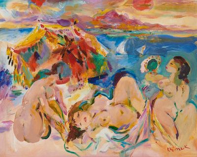 tableau représentant trois nus sur une plage, avec un parasol en arrière-plan