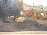 a picture of a painting of a farm scene with cows and chickens