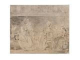 un dessin représentant un groupe de personnes assises autour d'une table